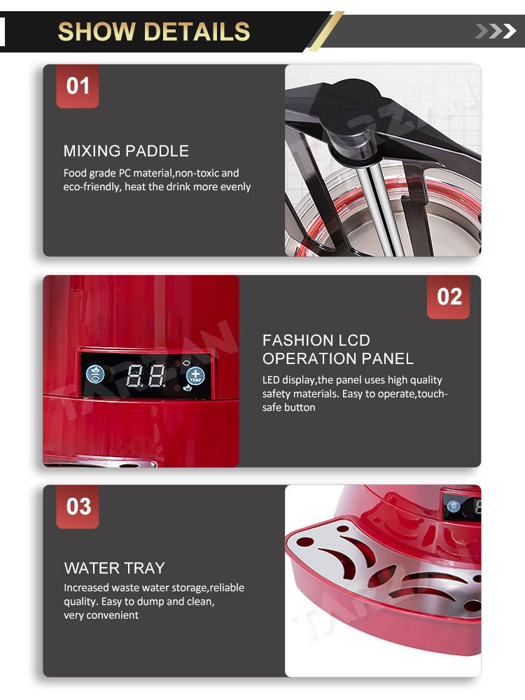Detailed view of food-grade mixing paddle LCD operation panel and detachable water tray