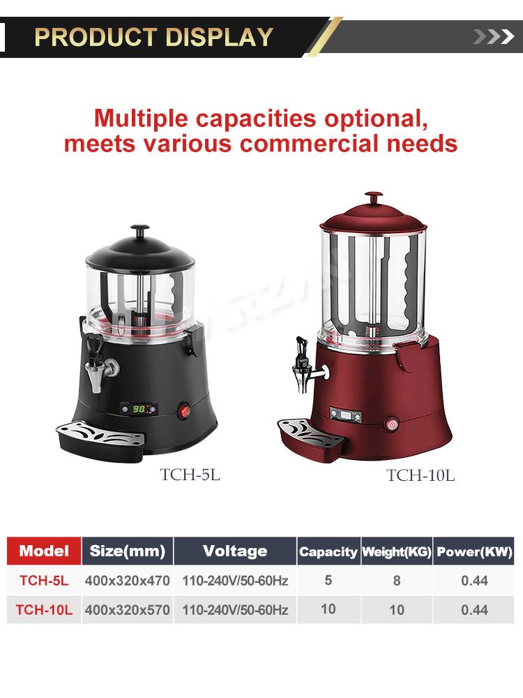 Dimensional specification comparison chart for TCH-5L and TCH-10L dispensers