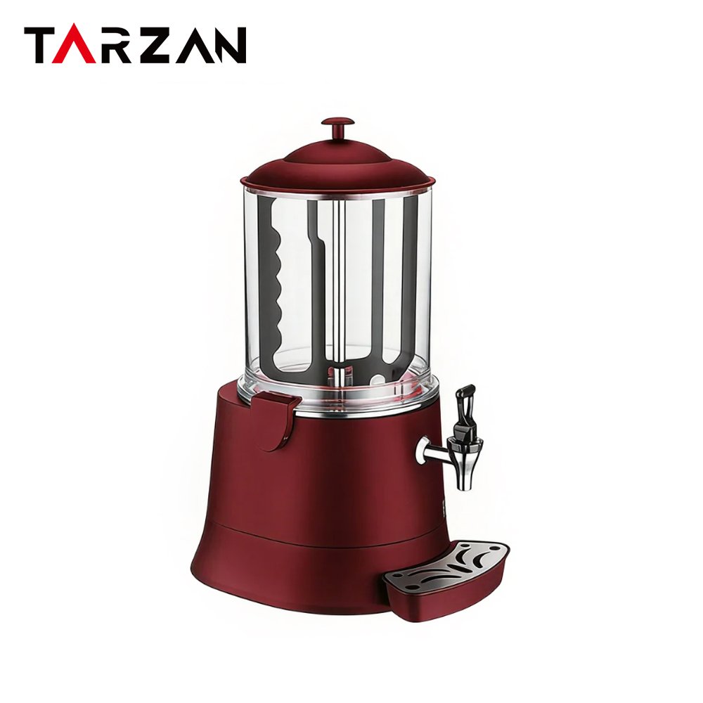 Side angle view of commercial hot chocolate dispenser with dispensing tap and drip tray