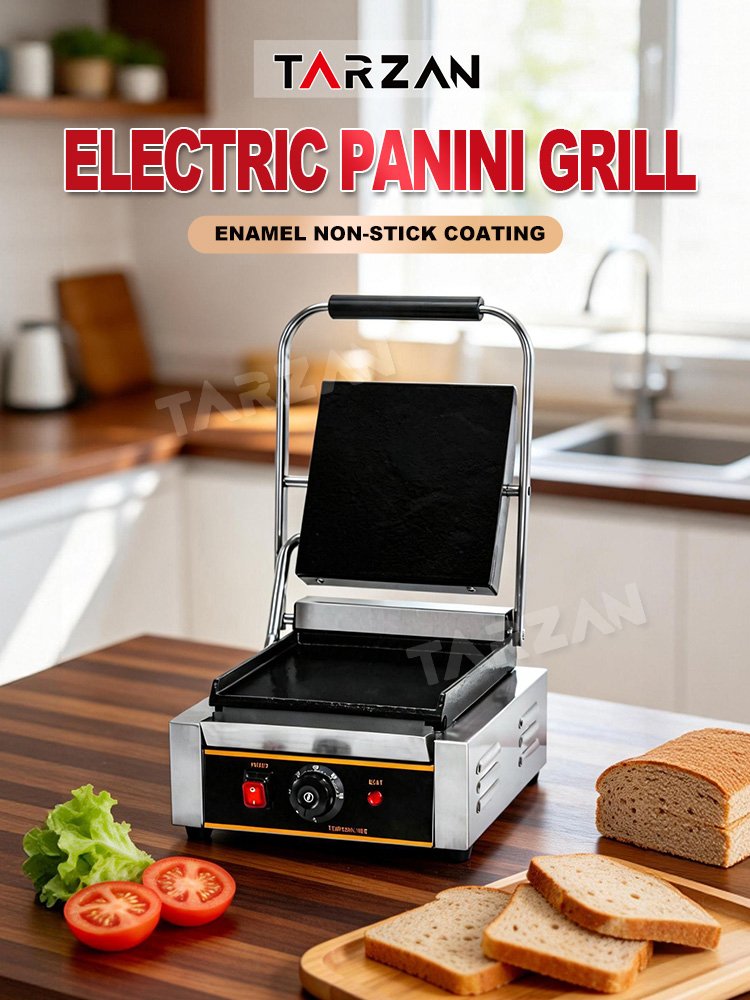 Commercial panini grill TEG-811B electric flat plate contact sandwich press in kitchen