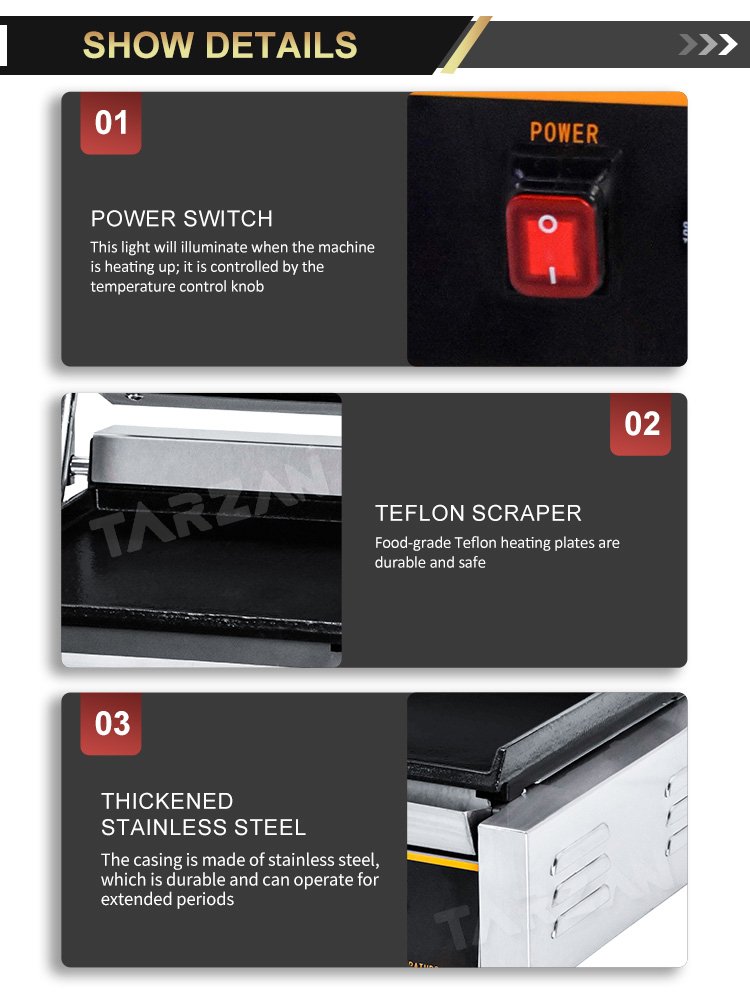 Detailed view of illuminated power switch non-stick flat top and bottom plates and chassis