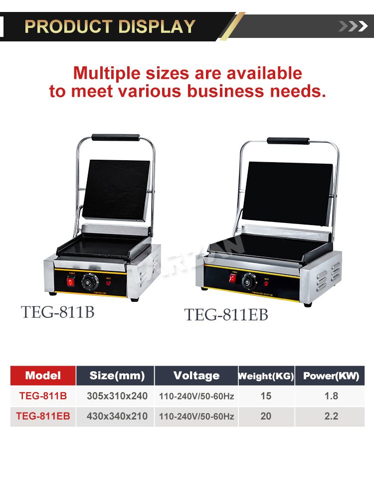 Dimensional specification comparison chart for TEG-811B and TEG-811EB flat panini grills