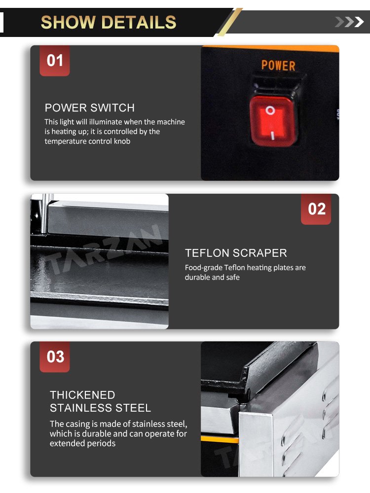 Detailed view of illuminated power switches non-stick flat plates and thickened stainless steel body