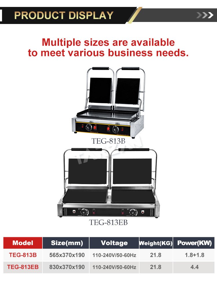 Dimensional specification comparison chart for TEG-813B and TEG-813EB flat panini grills