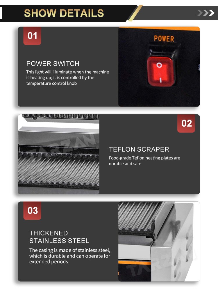 Detailed view of illuminated power switch non-stick grooved plates and stainless casing