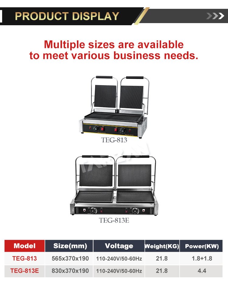 Dimensional specification comparison chart for TEG-813 and TEG-813E double panini grills