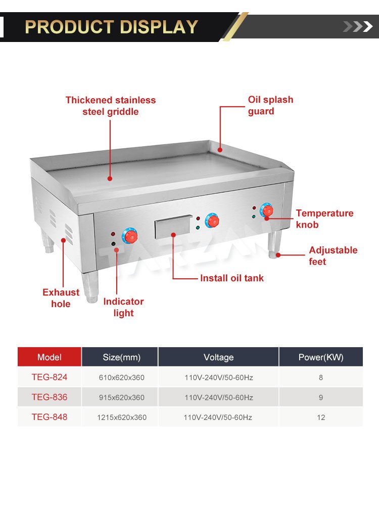 Commercial Electric Griddle TEG Series Splash Guard and Removable Oil Drawer