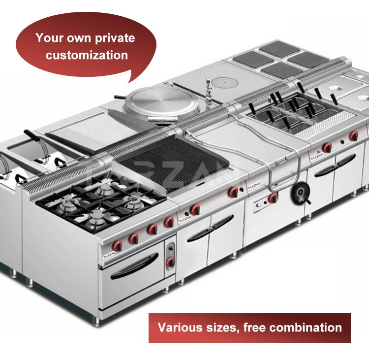 Modular commercial kitchen cooking suite combining bain marie noodle cooker griddle and range