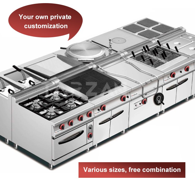 Modular commercial kitchen cooking suite combining pasta cookers ranges fryers and griddles