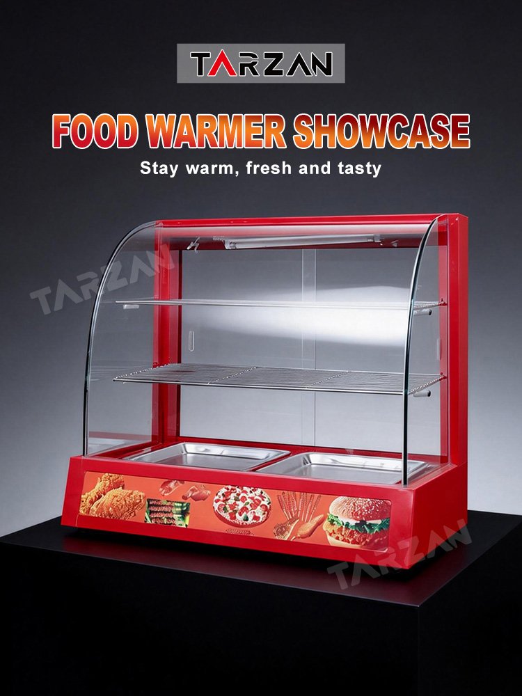 Red curved commercial food warmer showcase illuminated on fast food service counter