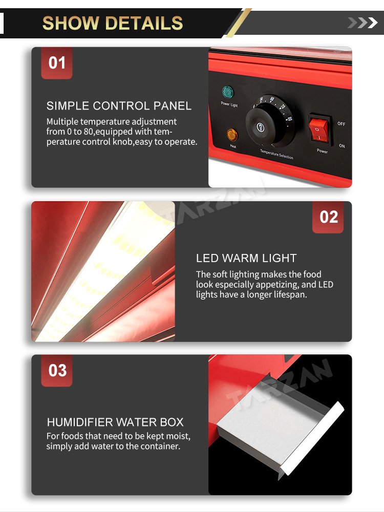 Control panel close-up featuring 0 to 80 degree thermostat knob LED strip and water tray