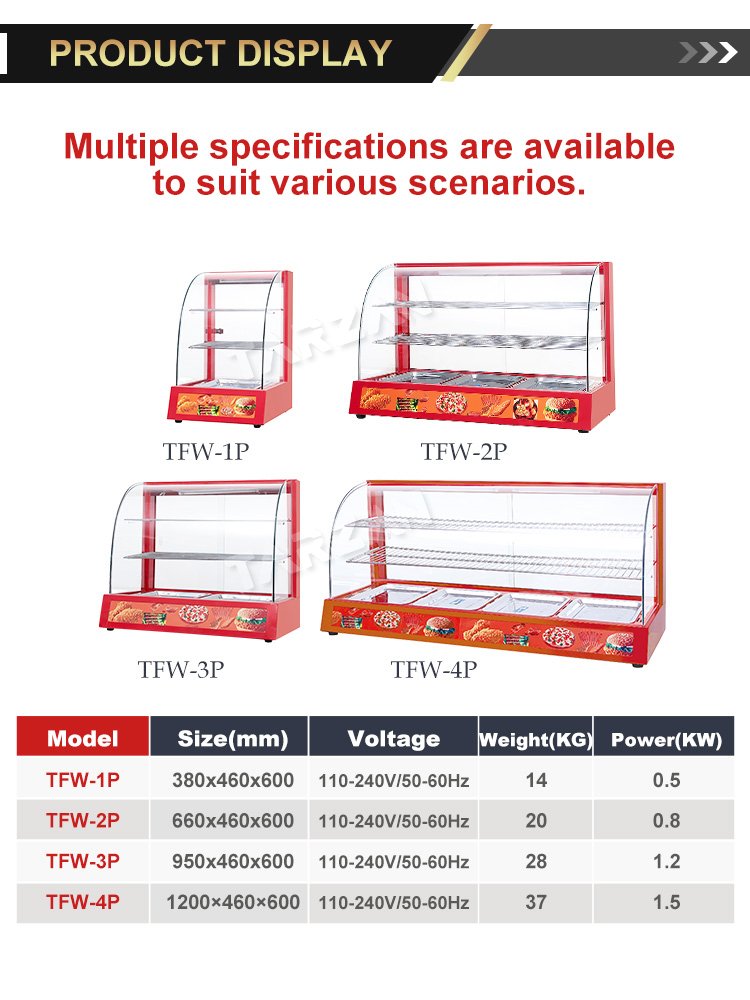 Front angle view of red 3-tier countertop food warming display showcase with pans