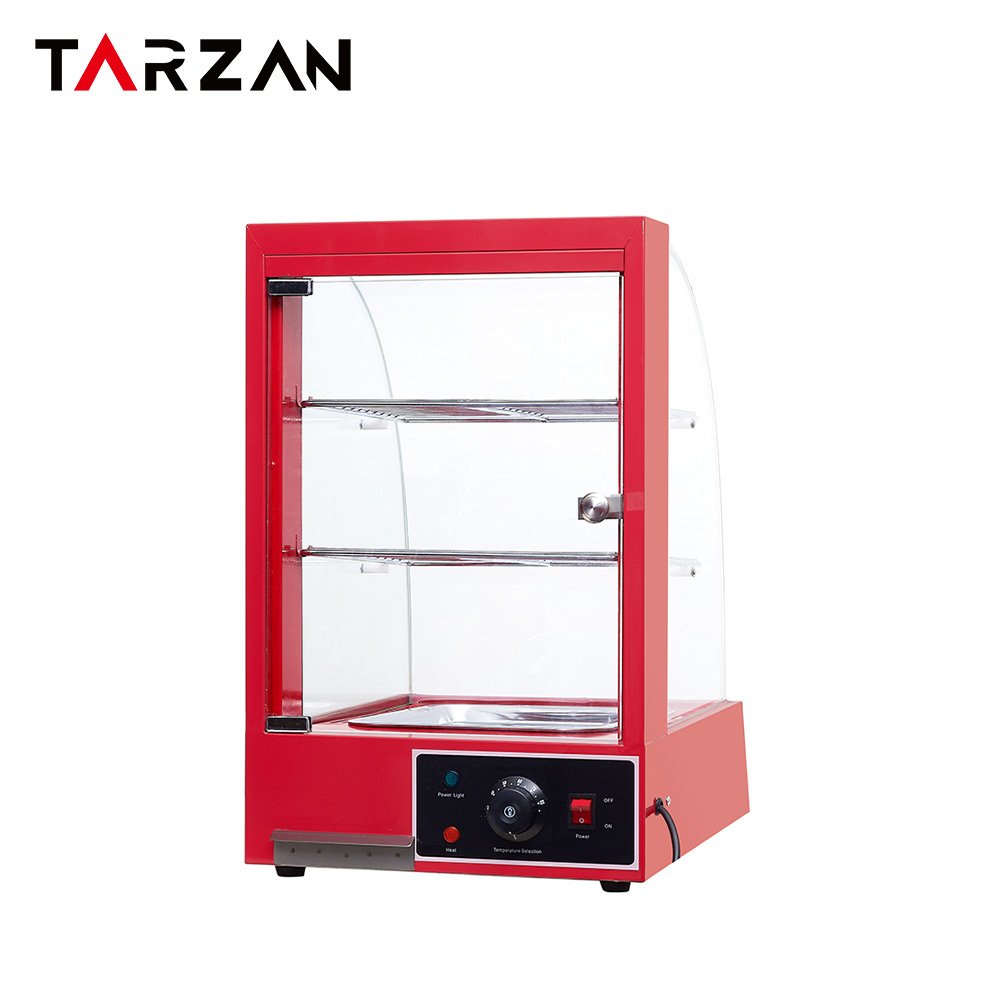 Side perspective of red TFW-1P warming showcase with glass door handle