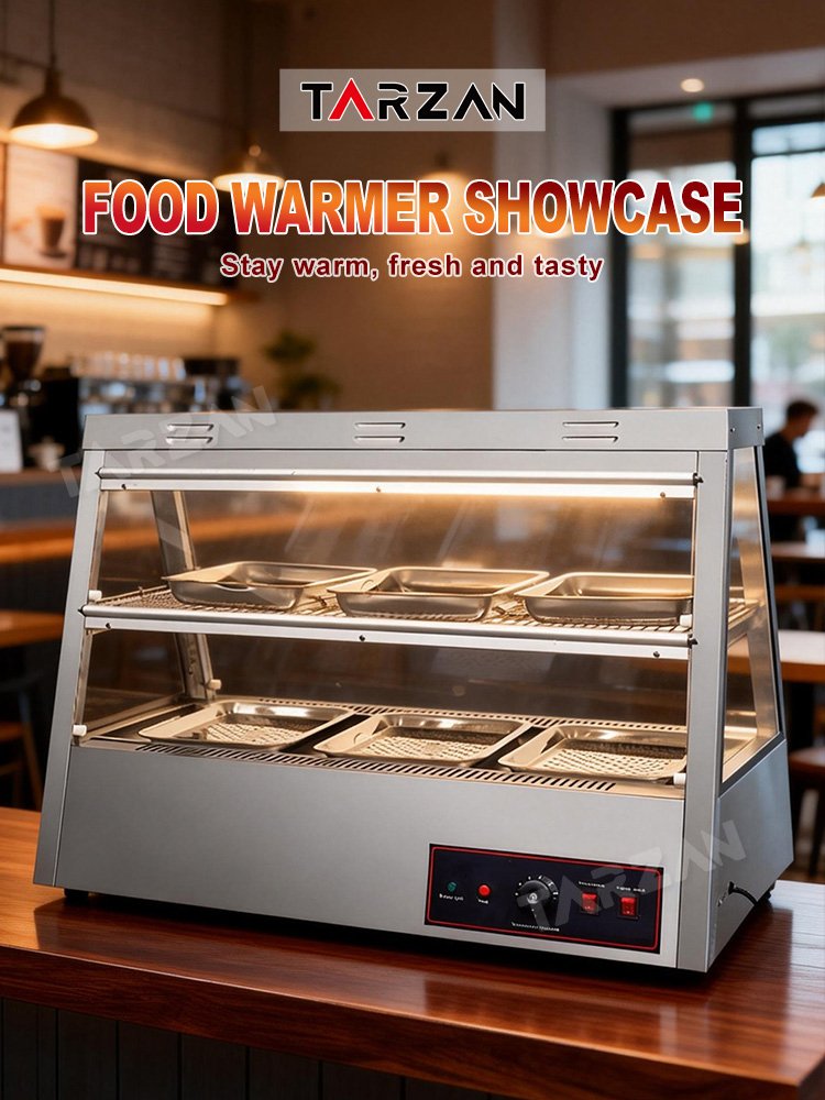 Stainless steel food warmer showcase TFW-2P on commercial counter