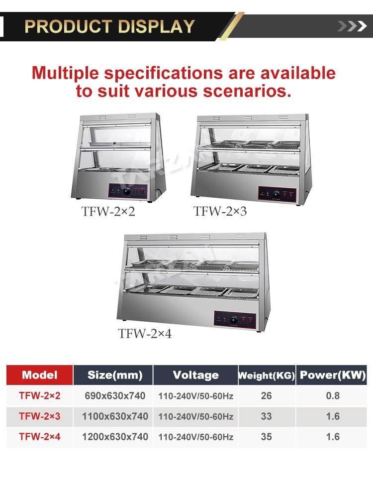 Dimensional specification comparison chart for TFW-2x2 TFW-2x3 and TFW-2x4 food warmer showcases