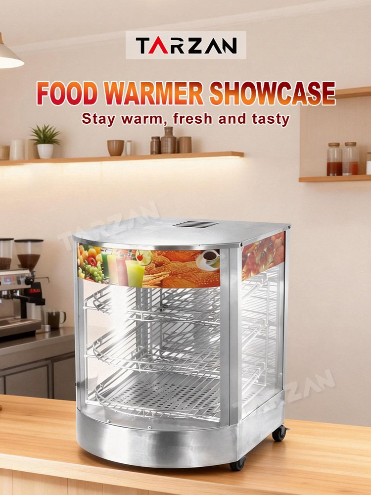 Commercial food warmer showcase on cafe countertop illuminated holding warm snacks