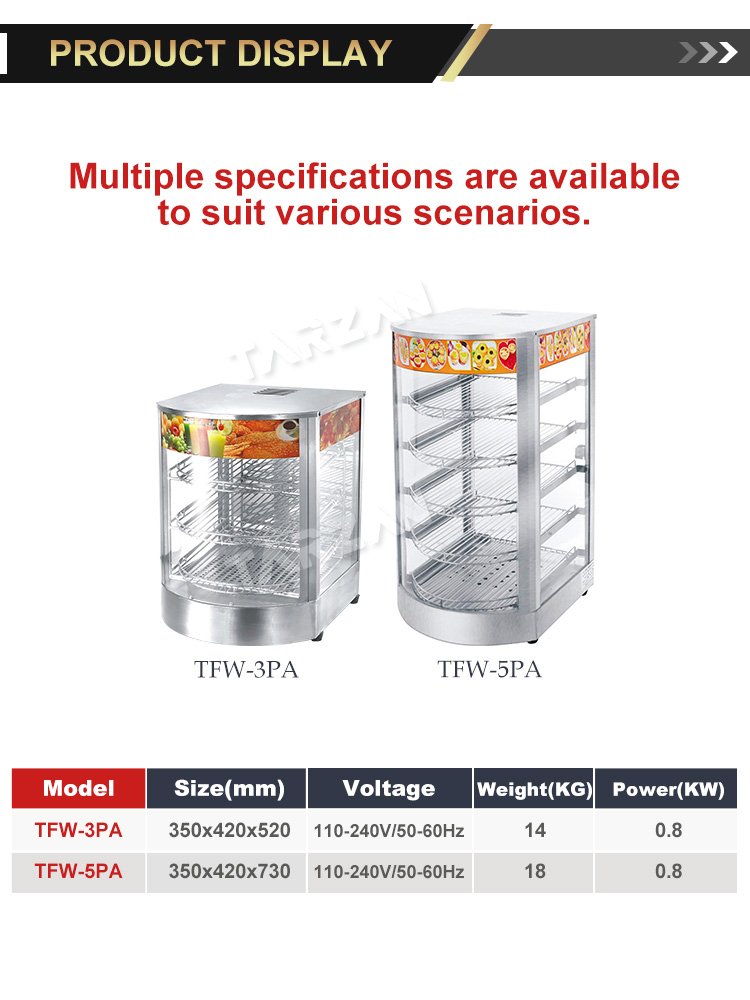 Dimensional specification comparison chart for TFW-3PA and TFW-5PA curved food warmer showcases