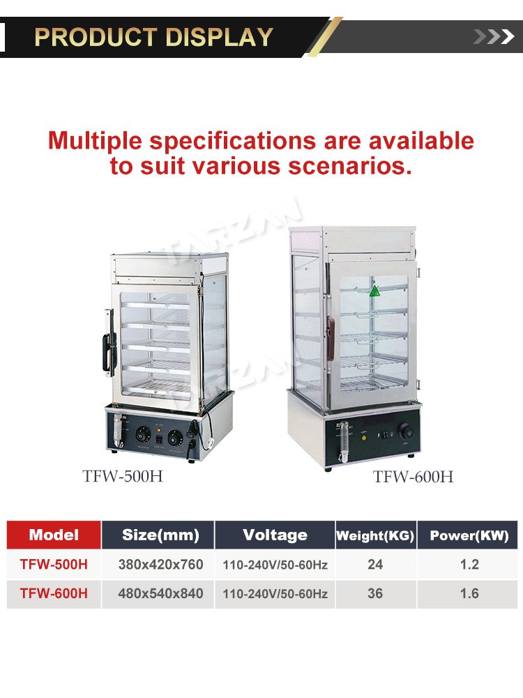 Technical specifications comparison chart for TFW-500H and TFW-600H steamer models