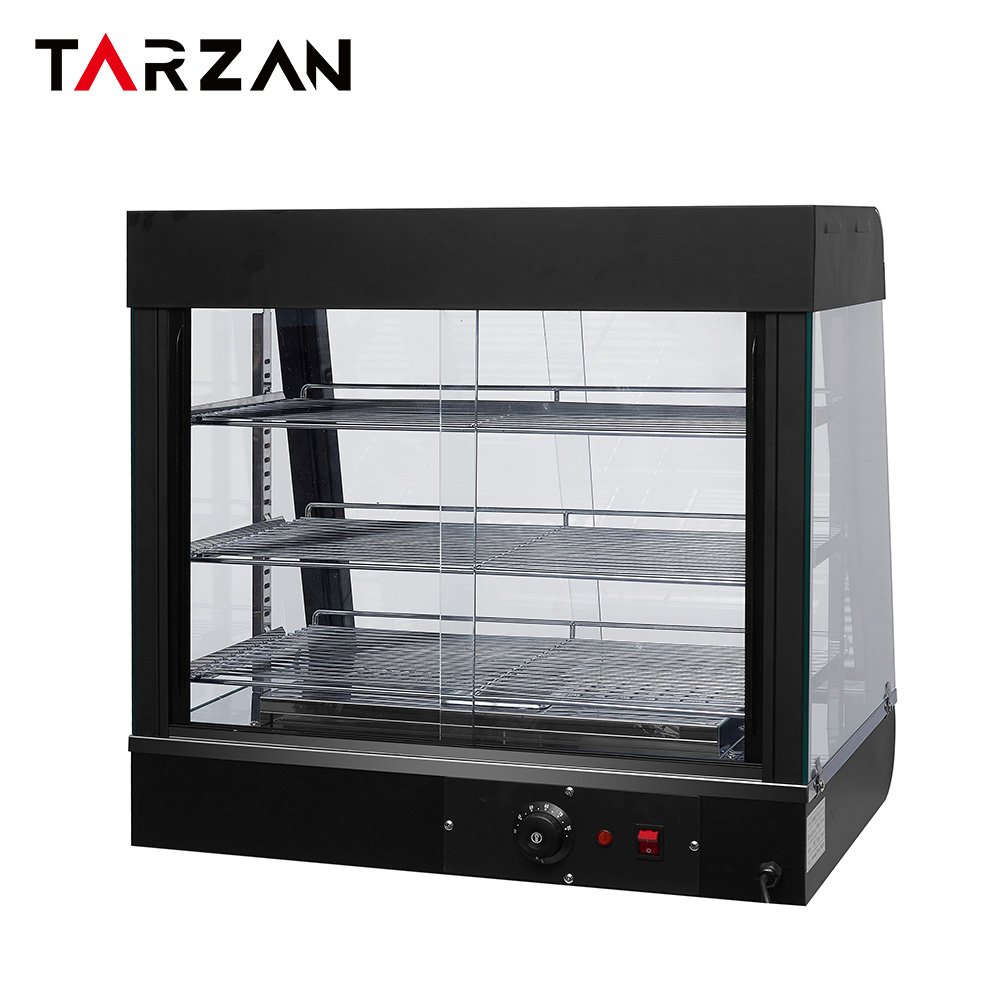 Rear view of food warmer showcase showing sliding glass doors and bottom thermostat controls