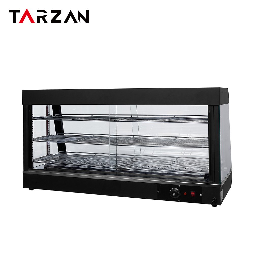 Rear view of 1200mm food warmer showcase showing sliding glass doors and thermostat controls