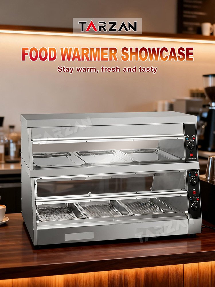 Commercial heated food display showcase illuminated on service counter holding warm snacks