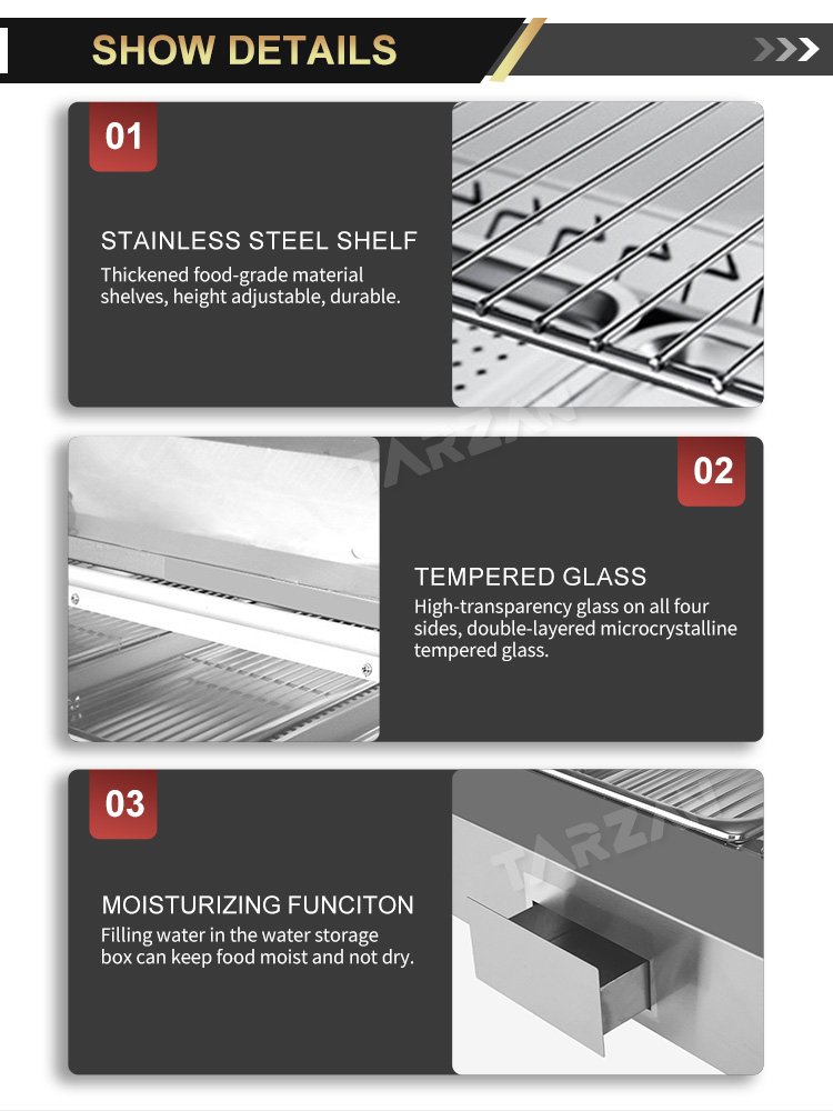 Detail view of stainless steel shelf double tempered glass and humidity water box