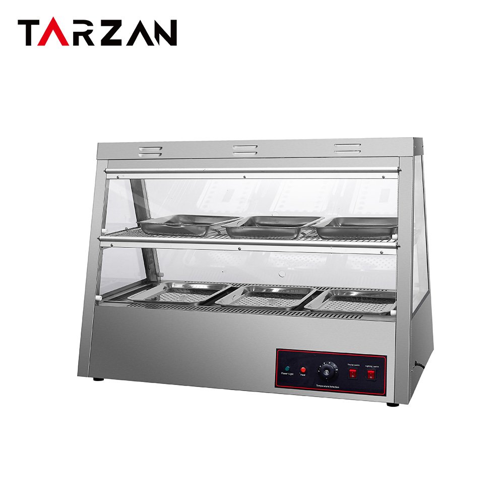Front view of countertop commercial food warming display cabinet showing internal tray layout