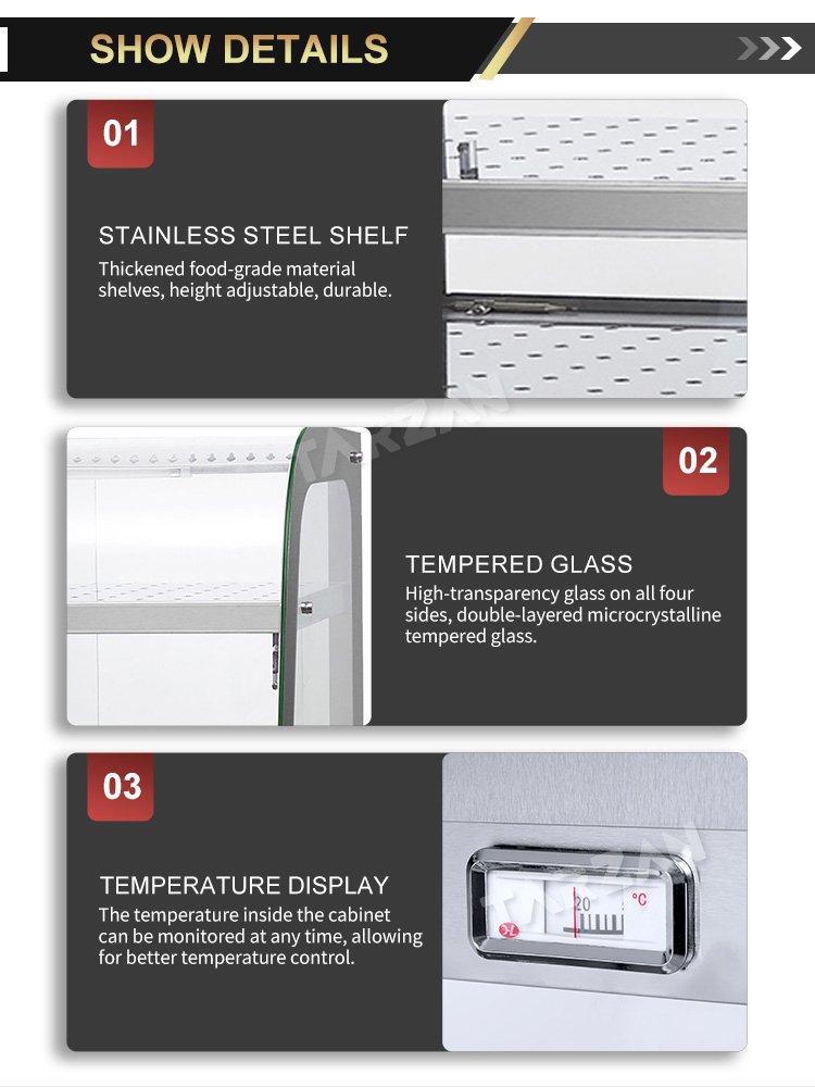 Detailed view of perforated stainless steel shelf tempered glass and temperature display dial