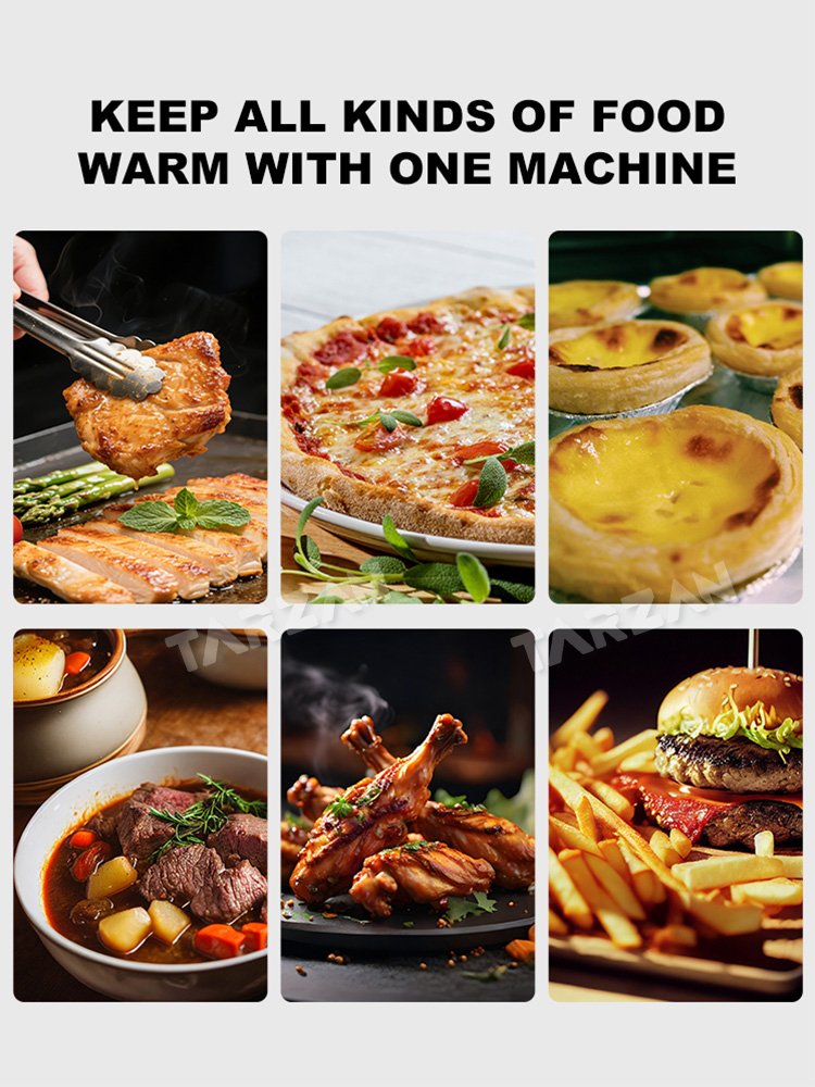 Merchandising food applications including roast chicken pizza egg tarts burgers and meat pies
