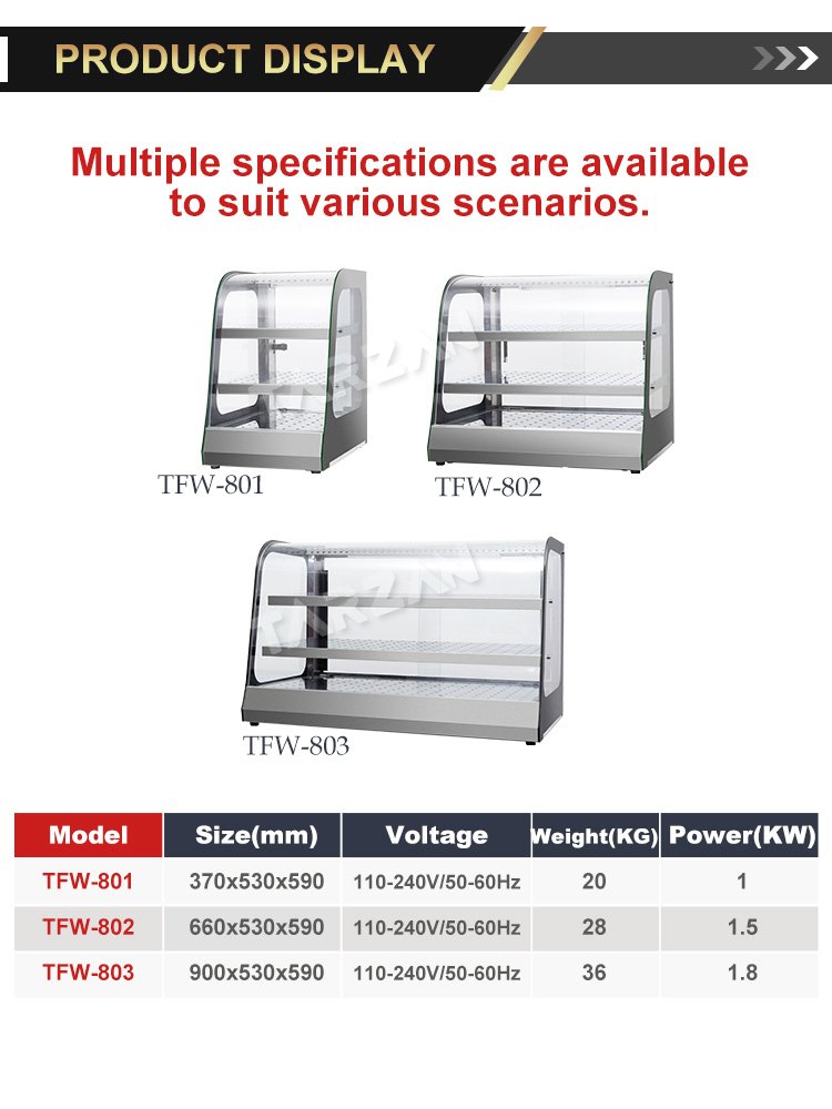 Dimensional specification comparison chart for TFW-801 TFW-802 and TFW-803 food warmers