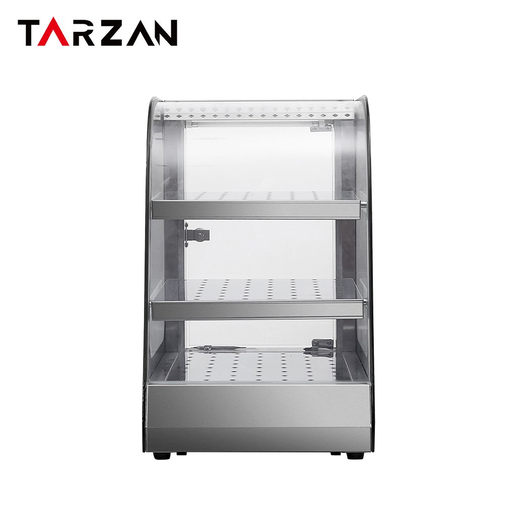 Front view of TFW-801 food display cabinet showing 3 tier stainless shelves