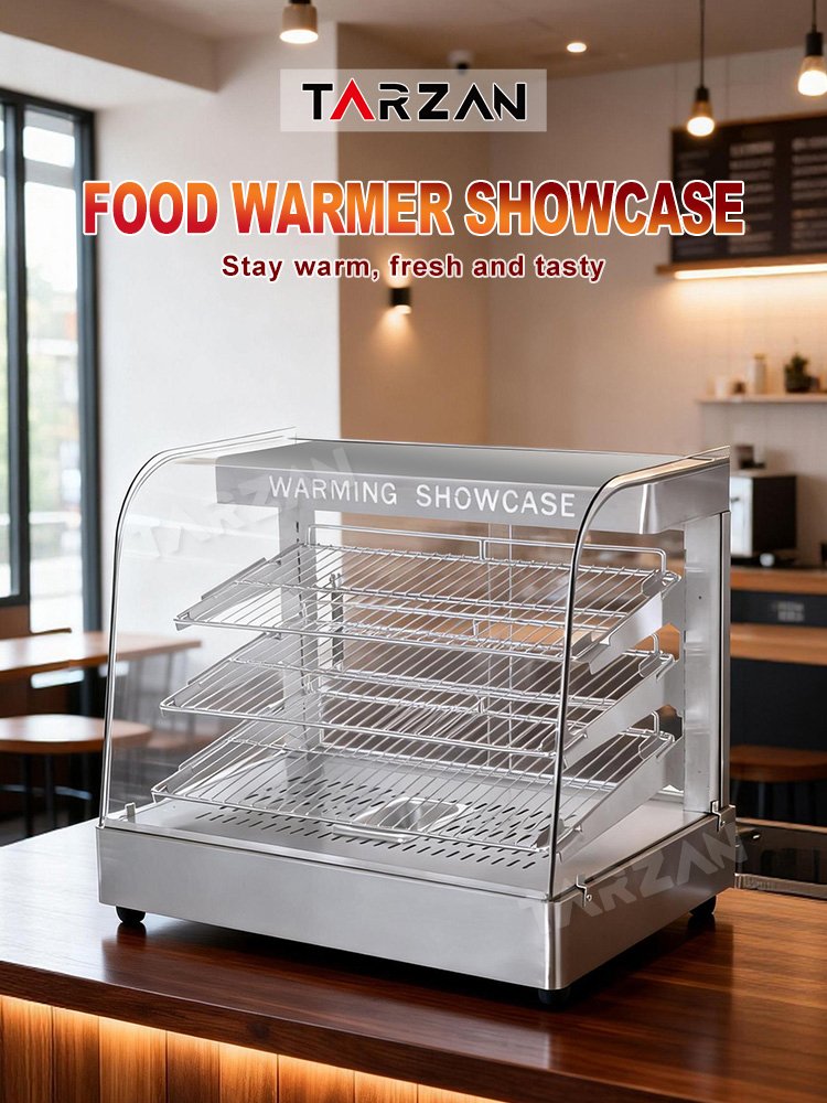Curved glass food warmer TFW-861 countertop display cabinet on wooden counter