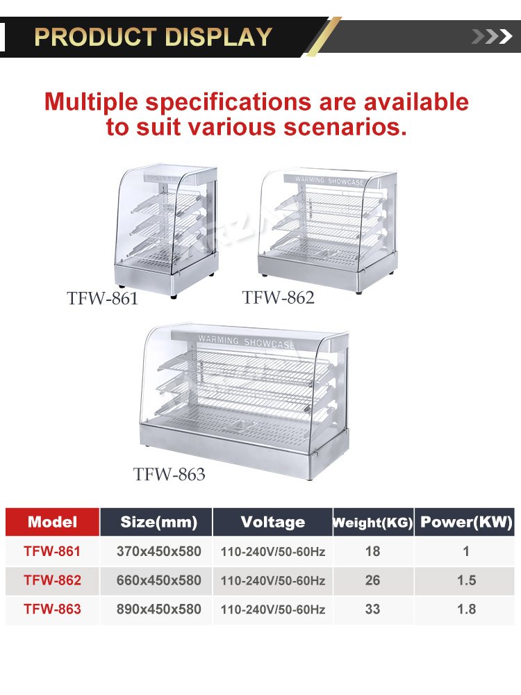 Dimensional specification comparison chart for TFW-861 TFW-862 and TFW-863 food warmers