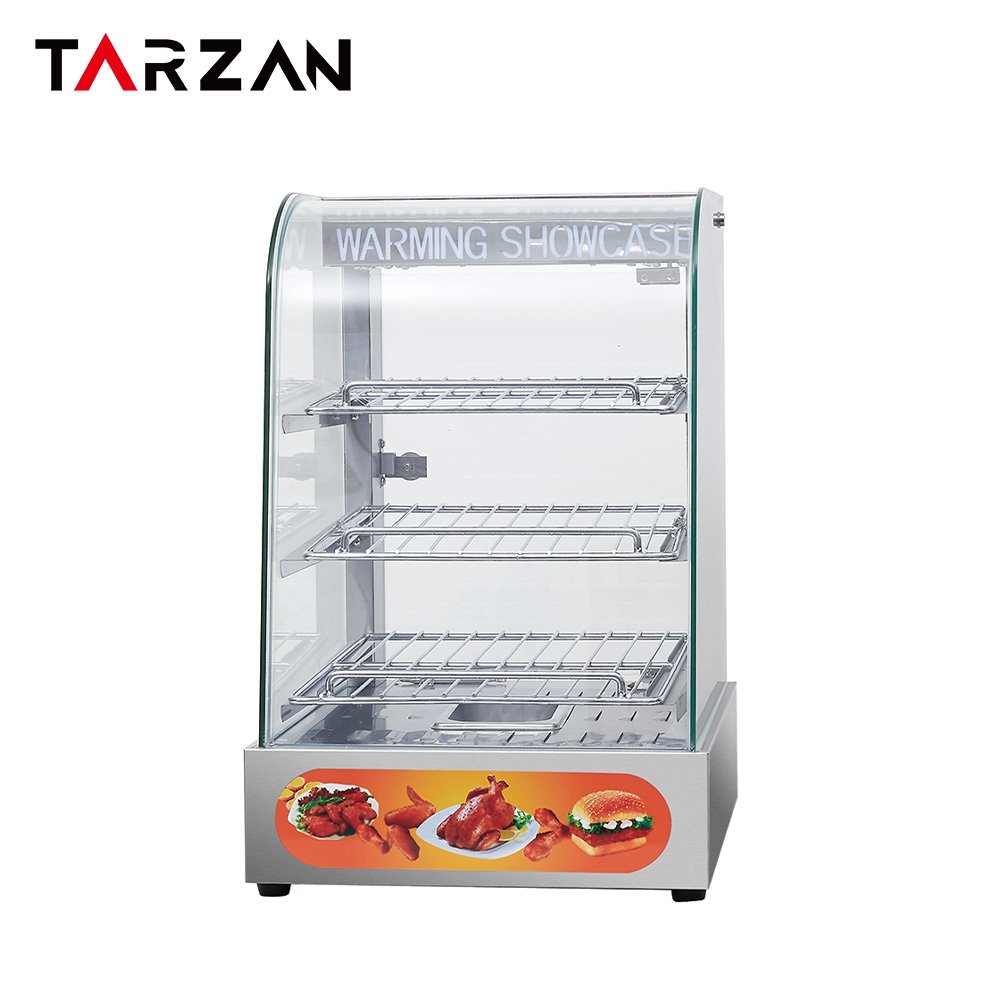 Front view of TFW-861 display cabinet showing 3 tier adjustable stainless shelves