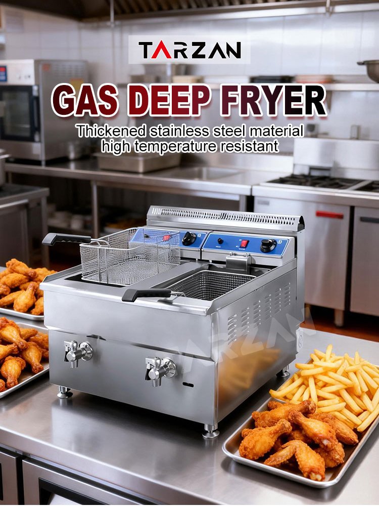 Commercial double tank gas deep fryer in restaurant kitchen frying chicken and fries