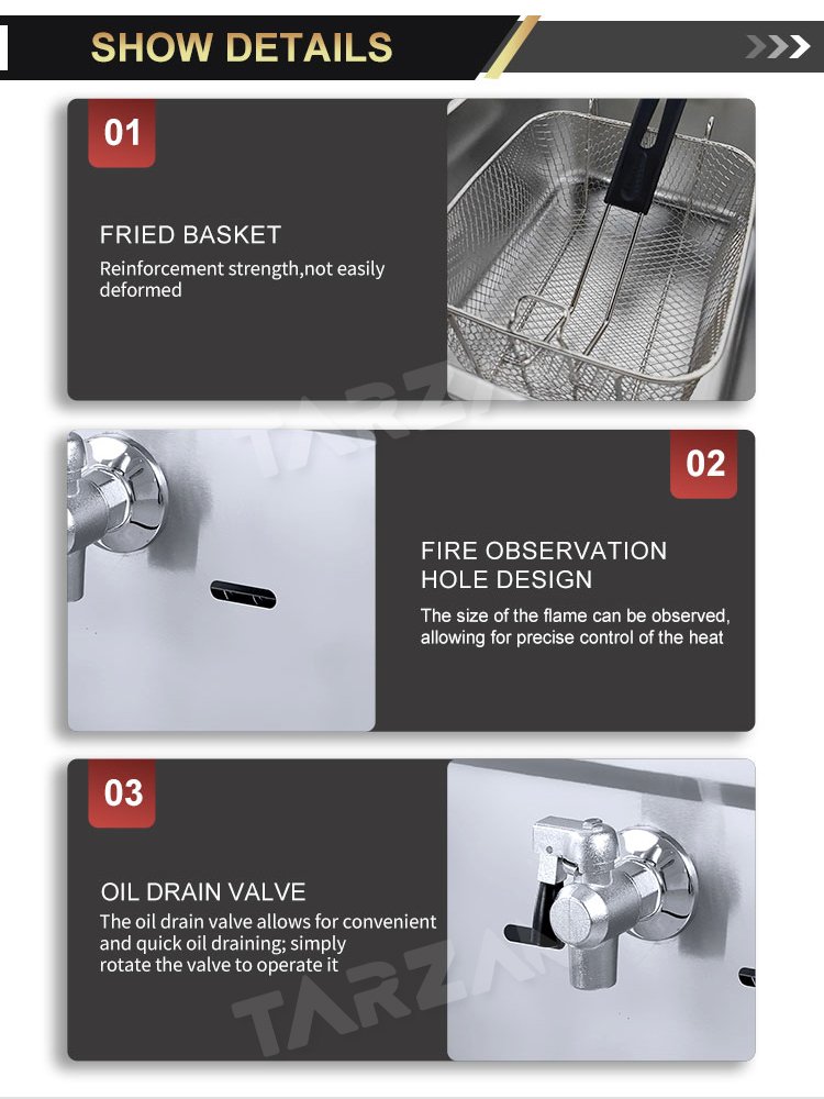 Detailed view of front brass drain valve fire observation slot and wire fry basket