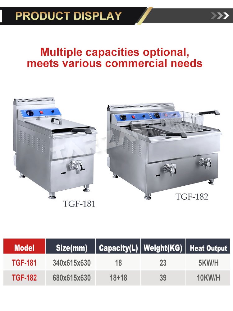 Dimensional specification comparison chart for TGF-181 and TGF-182 gas fryers
