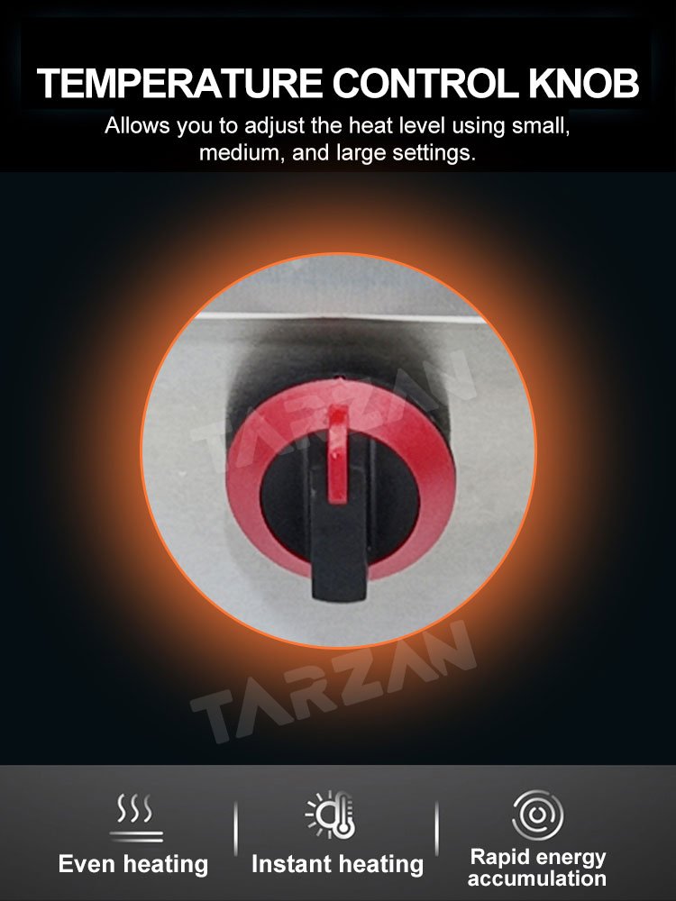 Multi-stage heat control knob graphic highlighting even heating and rapid energy accumulation