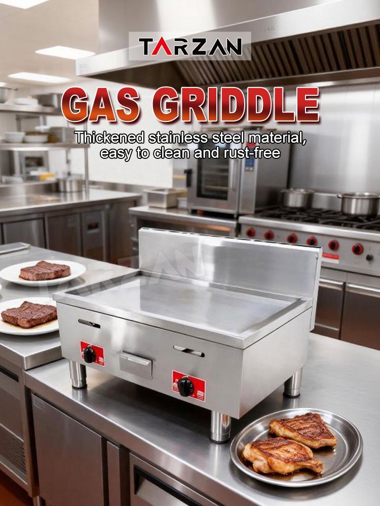 Angled view of TGG-723 gas countertop griddle featuring elevated stainless back wall guard