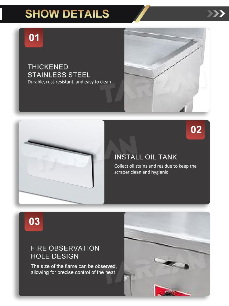 Close-up of TGG-723 brushed stainless steel body showing oil drawer and flame viewing slot