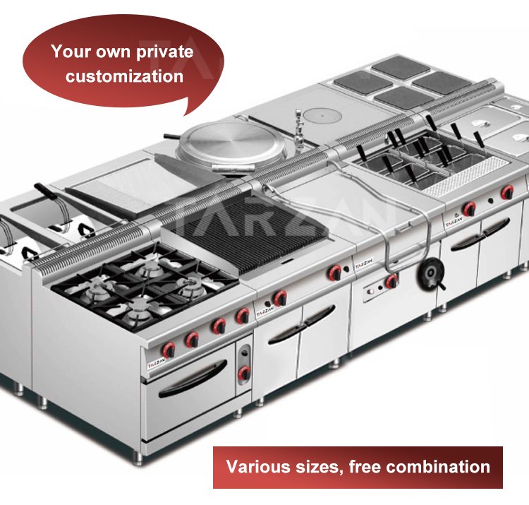 Custom modular commercial kitchen cooking suite layout integrating gas ranges griddles and fryers