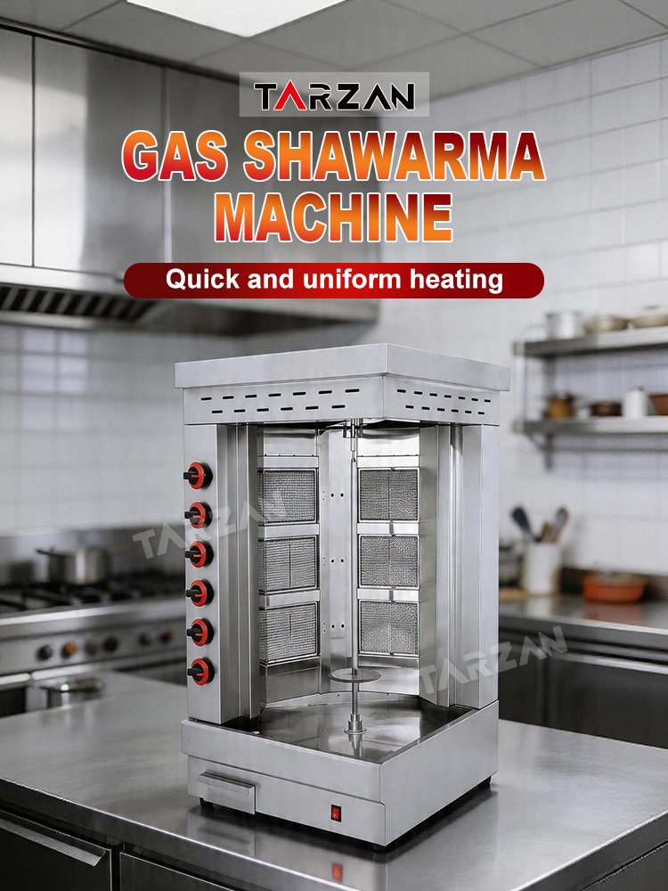 Commercial gas shawarma machine with 6 infrared burners illuminated on commercial kitchen table