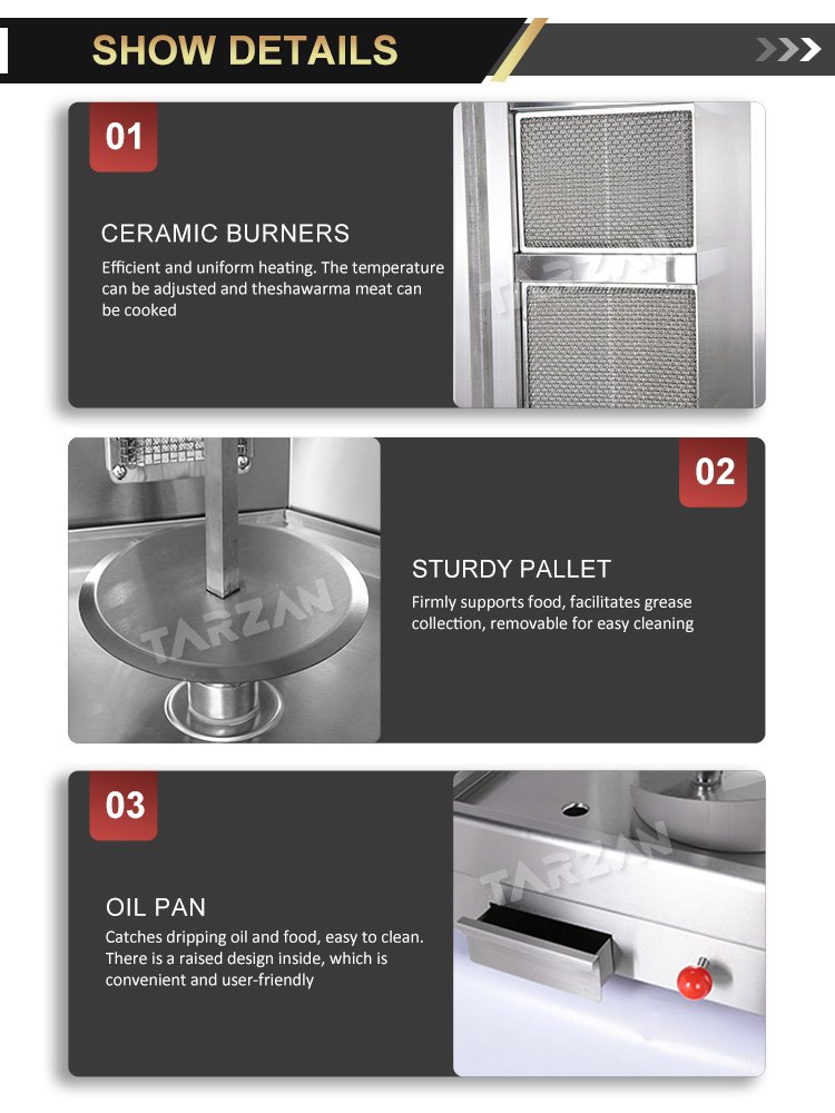 Detailed view of honeycomb ceramic infrared burners sturdy meat pallet and pull-out grease drawer
