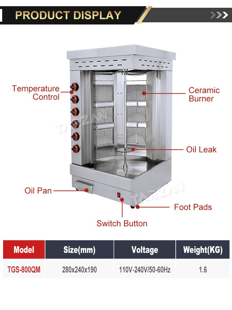 Component callout diagram and technical specification chart for TGS-800QM gas shawarma machine