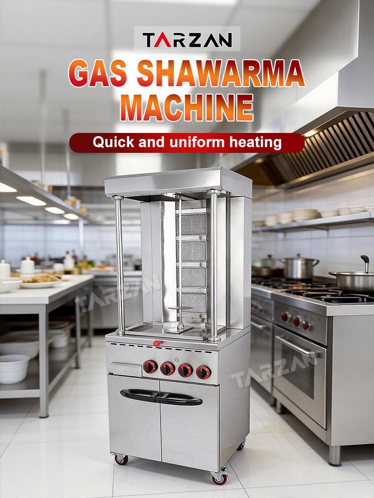 Commercial gas shawarma machine with infrared ceramic burners installed in commercial restaurant kitchen