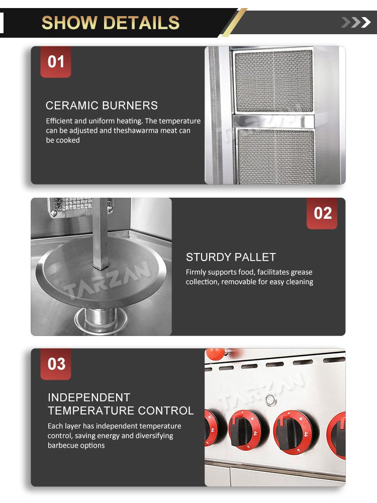Detailed view of infrared ceramic burners sturdy meat support pallet and independent temperature control knobs