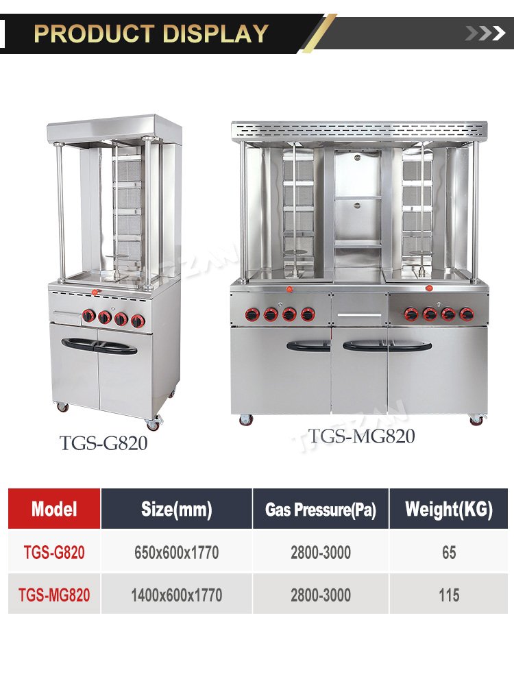 Commercial gas shawarma machine TGS-MG820 double spit stainless steel doner kebab rotisserie with cabinet