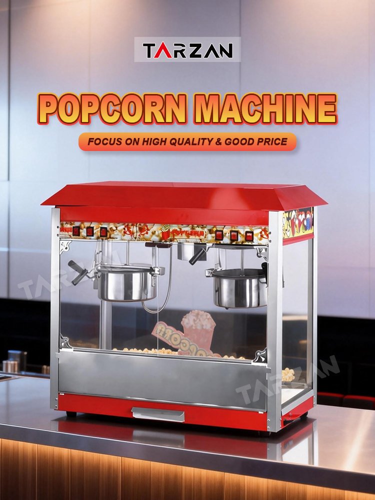 Twin kettle commercial popcorn maker illuminated on cinema concession counter filled with fresh popcorn