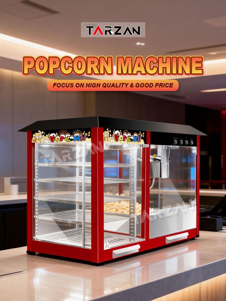 Commercial electric popcorn maker with heated merchandiser display warmer cabinet on snack bar table