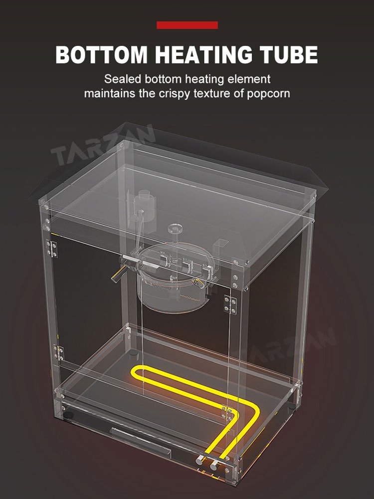 Internal structure diagram showing sealed bottom warming deck tube and motorized stirring kettle